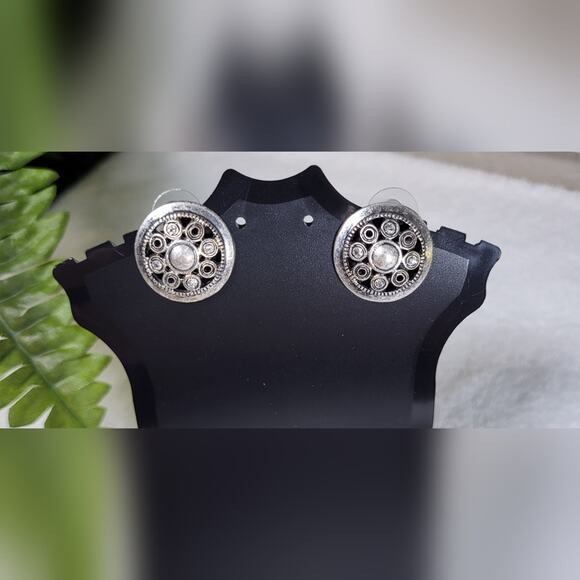 CHICO'S Antiqued Silver Crystal Stud Medallion Earrings - Picture 1 of 5